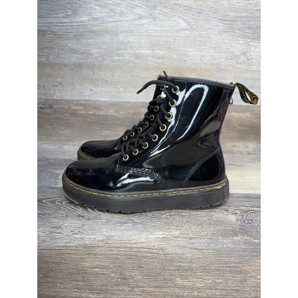 Dr Martens Womens Boots 8 Zavala Black Patent Leather Lace Up Combat - Picture 2 of 12